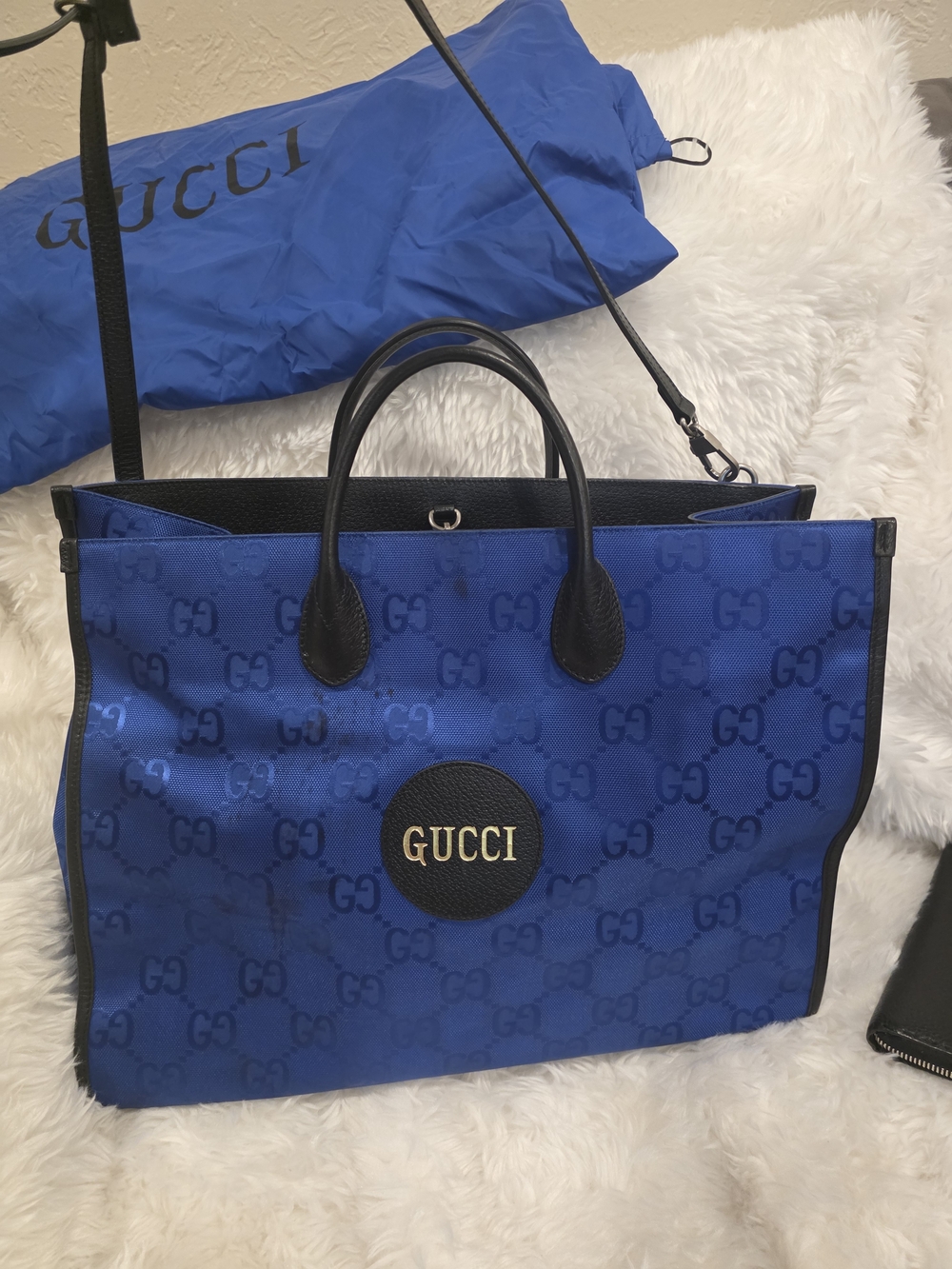 Gucci Royal Blue GG Canvas Tote with Black Trim